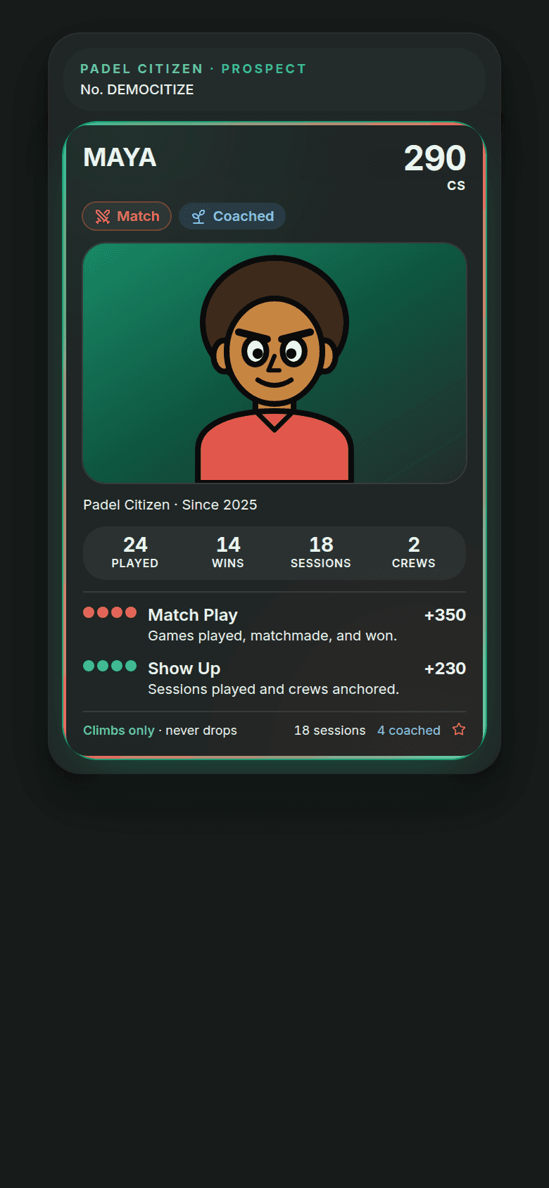 Citizen Score in the Padel Citizen app — the three pillars and the score beside your avatar