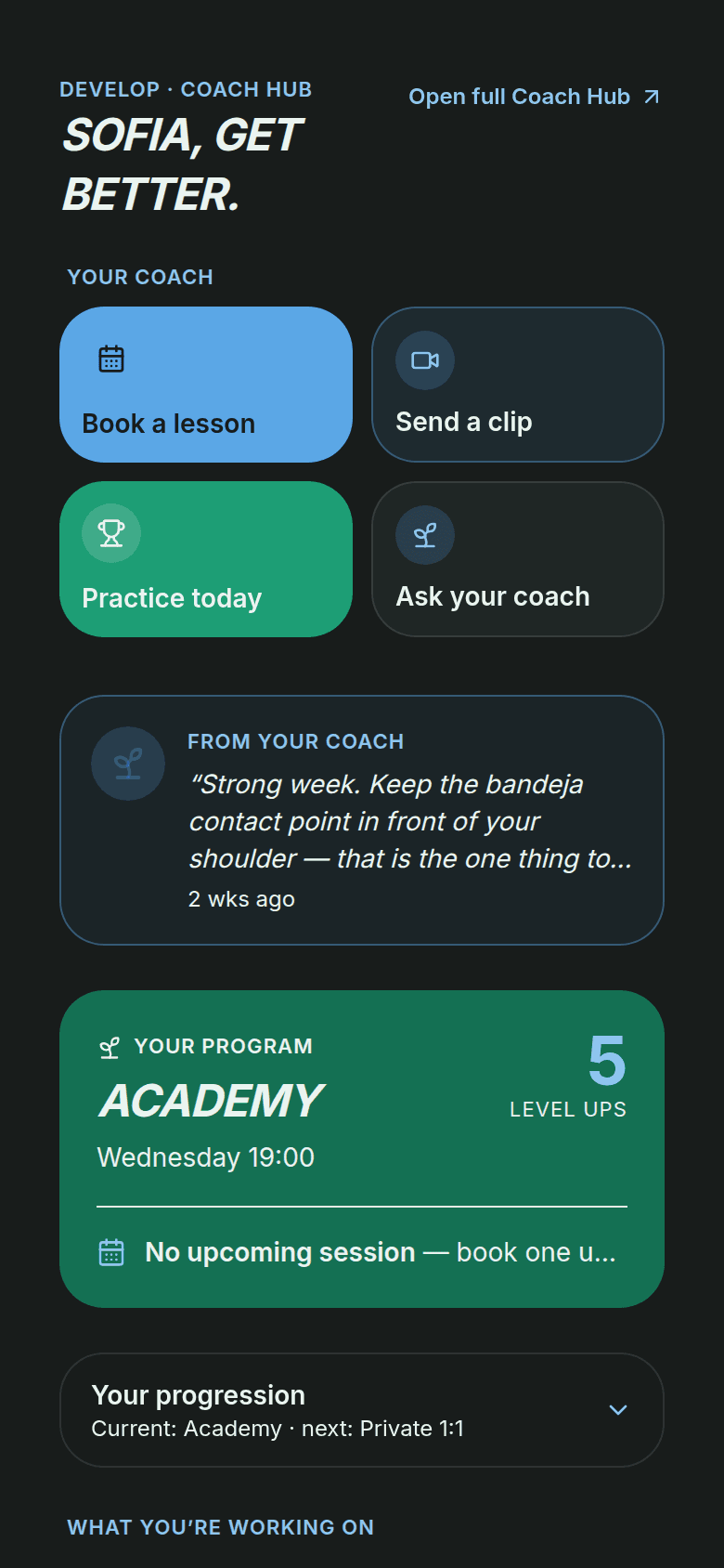 The Develop hub in the Padel Citizen app — coach, clips, and drills
